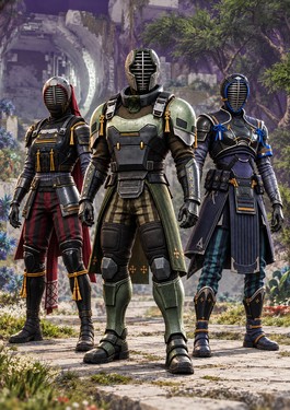 Swordmaster armor set for Hunter, Titan, and Warlock — reference-based artwork