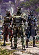 Swordmaster armor set for Hunter, Titan, and Warlock — reference-based artwork